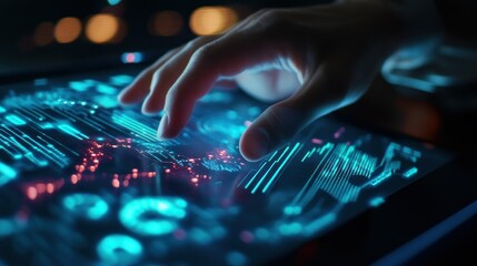 Person interacting with futuristic holographic data display