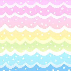 Dreamy Pastel Rainbow Waves with Scattered Stars Background Design Cute Kawaii Sweet and Magical Look.