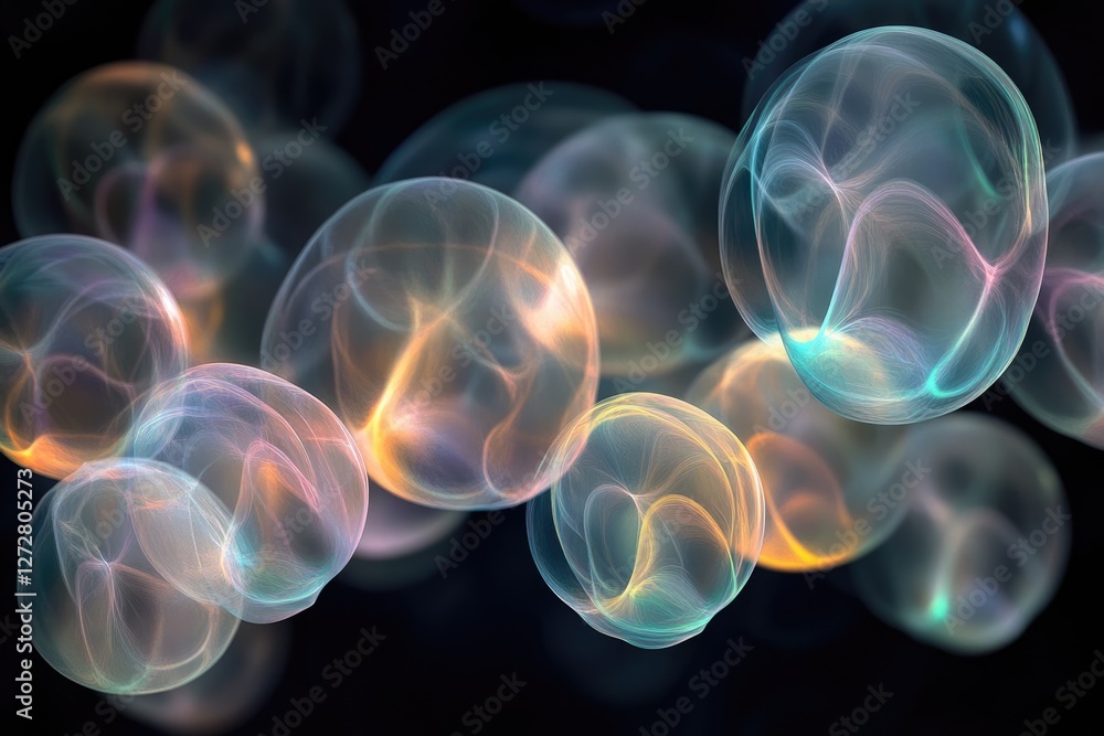 Poster abstract image of luminous, translucent spheres with swirling internal patterns, floating in darknes