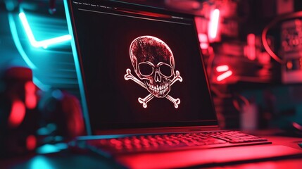 Digital Danger: A laptop screen glows ominously with a skull and crossbones symbol, casting a warning against cyber threats in a dark, moody environment.