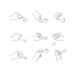 つまむ手のイラストのセット。白黒のベクターイラスト。