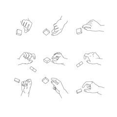 つまむ手のイラストのセット。白黒のベクターイラスト。