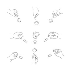 つまむ手のイラストのセット。白黒のベクターイラスト。