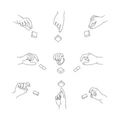 つまむ手のイラストのセット。白黒のベクターイラスト。