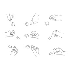 つまむ手のイラストのセット。白黒のベクターイラスト。