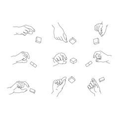 つまむ手のイラストのセット。白黒のベクターイラスト。
