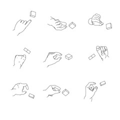 つまむ手のイラストのセット。白黒のベクターイラスト。