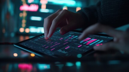 Person interacts with digital tablet, financial data display in background, night
