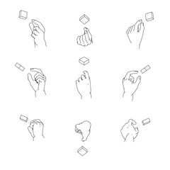 つまむ手のイラストのセット。白黒のベクターイラスト。