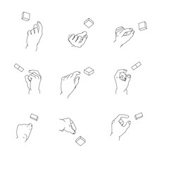 つまむ手のイラストのセット。白黒のベクターイラスト。