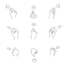 つまむ手のイラストのセット。白黒のベクターイラスト。