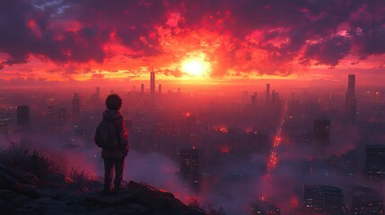 Obraz premium anime cityscape at night a moody 4k wallpaper with a cute boy embracing the urban night wallpaper