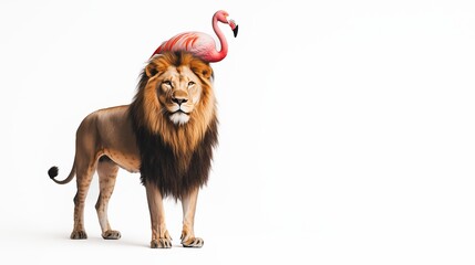 Obraz premium Creative Depiction of a Lion with a Flamingo on its Mane on a White Background