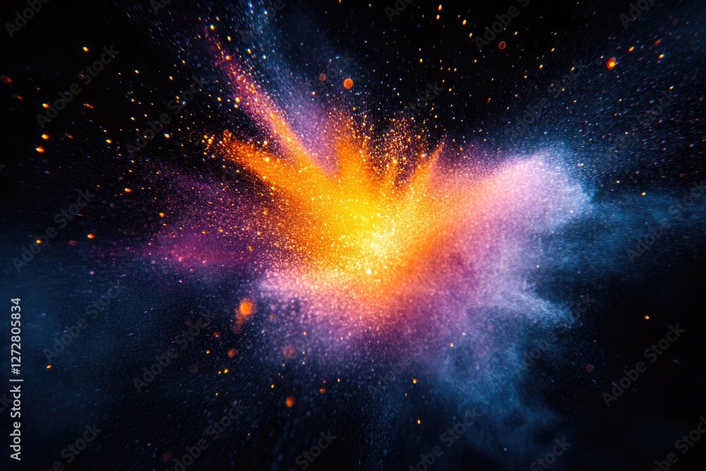 Poster vibrant explosion of colorful powder, creating a mesmerizing nebula-like effect against a transparen