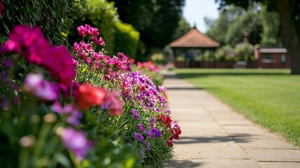 Vibrant flower beds lining a serene park pathway with a gazebo in the background