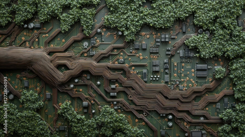 Poster a fusion of nature and technology, depicting a tree intertwined with a circuit board.