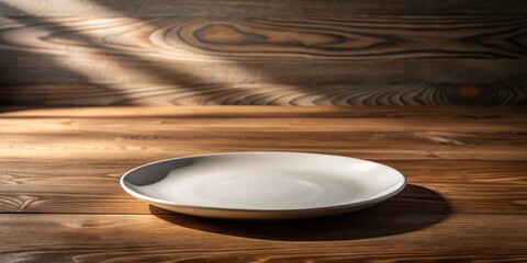 A plate with a modern design sits on a wooden table
