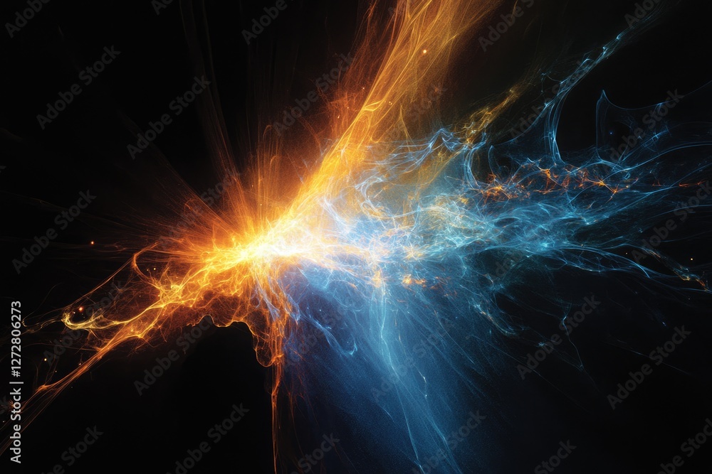 Poster abstract artwork depicting a collision of fiery orange and cool blue energy streams, creating a dyna
