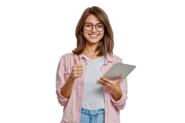 Young female student showing thumb up and holding a tablet, isolated on transparent background