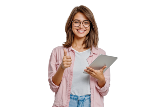 Young female student showing thumb up and holding a tablet, isolated on transparent background