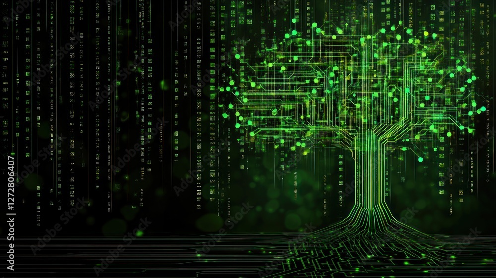 Aufkleber a digital tree with circuit-like branches against a matrix background, symbolizing technology and gr