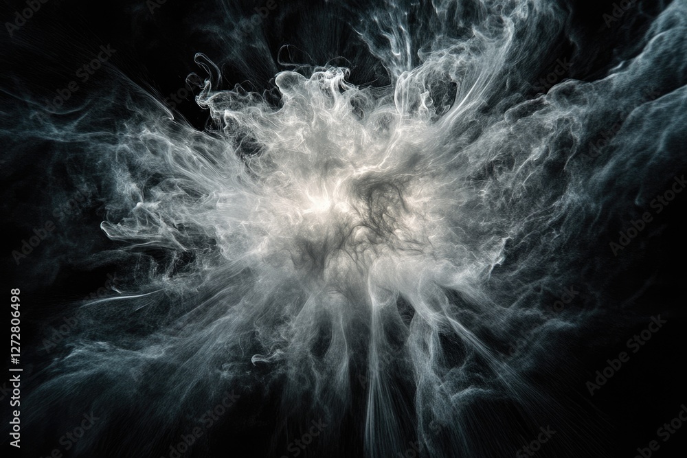 Poster abstract grayscale image of swirling smoke or nebula, creating a cosmic or ethereal effect.