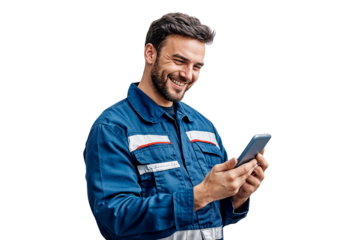 Happy mechanic worker holding smartphone isolated on white background