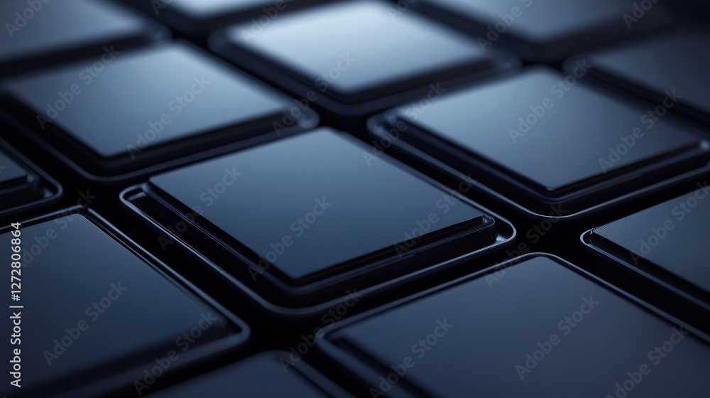 Poster a close-up view of glossy, dark square buttons arranged in a grid pattern.