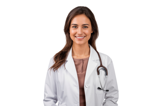 Portrait of a smiling female doctor with stethoscope and wearing a lab coat, isolated on transparent background