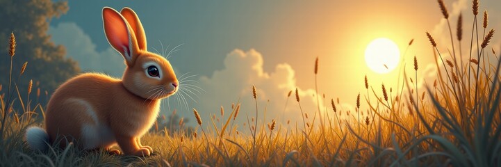 Naklejka premium A charming animated rabbit in a serene sunset meadow, perfect for childrens products, nature themes, or whimsical designs.