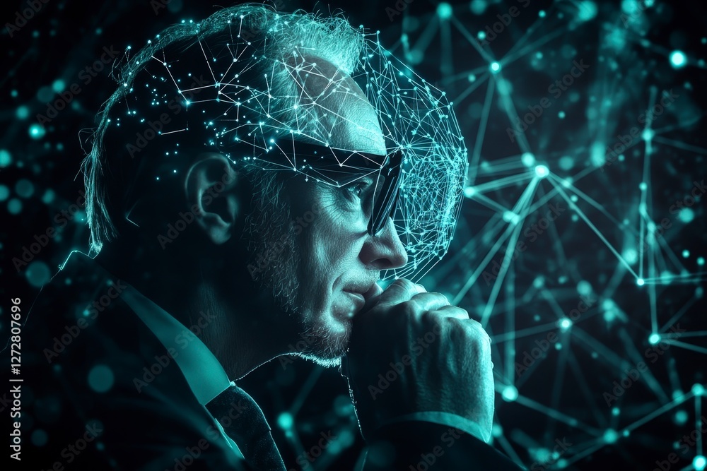 Poster thoughtful man with futuristic network technology concept visualization