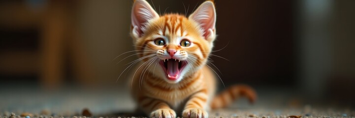 Naklejka premium A playful, charming orange tabby kitten with a joyful expression, perfect for illustrating themes of happiness, pets, and companionship.