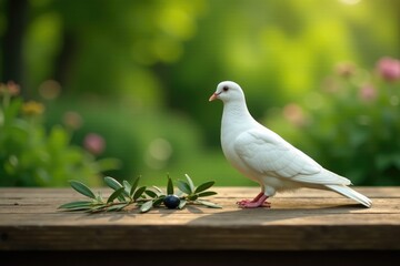 Fototapeta premium White dove and olive branch situated on a rustic wooden table amidst a lush garden, white dove, rustic table