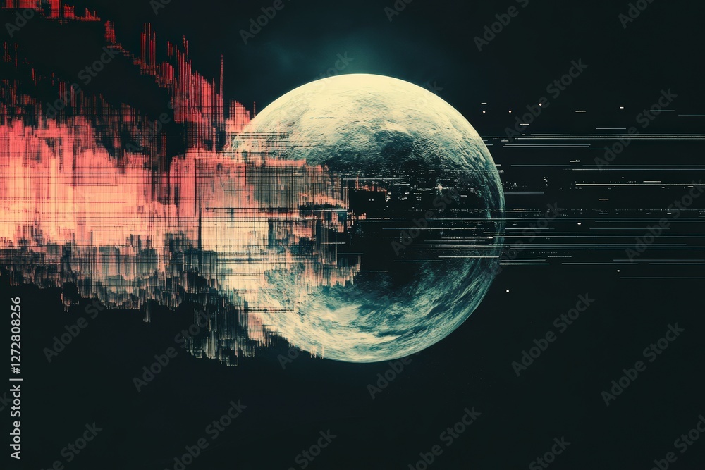 Poster abstract digital art of planet in motion with vibrant color explosion