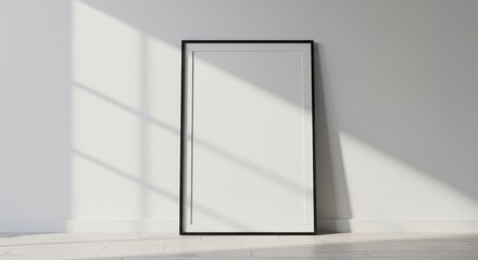 Blank Canvas: Minimalist Interior Design Mockup with a Large,  Empty Frame Against a White Wall Bathed in Sunlight