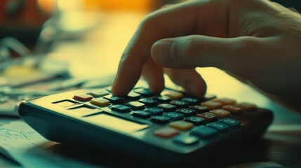 Fototapeta premium Person using calculator, financial planning, home office