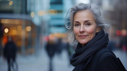 Obraz premium Elegant Mature Woman in Black Scarf Strolling Through Urban Downtown Area
