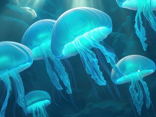 Obraz premium Surreal underwater dream world with floating jellyfish, glowing bioluminescent ocean creatures, deep-sea fantasy art