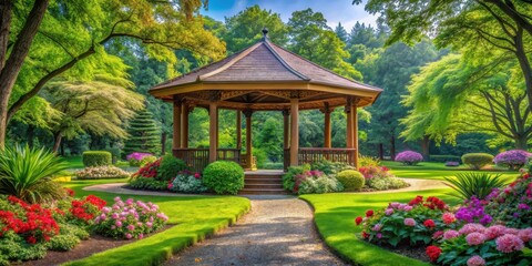 Fototapeta premium Serene Pavilion surrounded by lush greenery in a park with vibrant flowers and towering trees, creating a peaceful ambiance , serene pavilion, scenic views