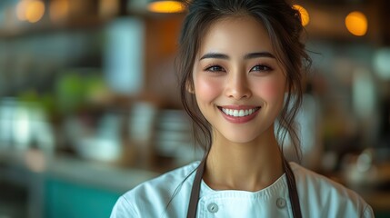 asian female chef smiling on green background with copy space for text suitable for food,cooking related projects