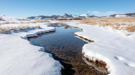 Fototapeta premium Winding creek flows through a snow-covered valley under a clear blue sky with distant mountains.