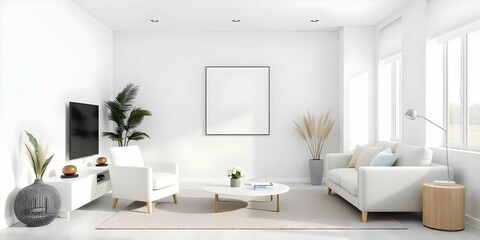 Blank Frame canvas mockup, modern Living room wall poster mockup. Interior mockup with  cozy beige sofa.large windows overlooking and neutral tones. 3D render