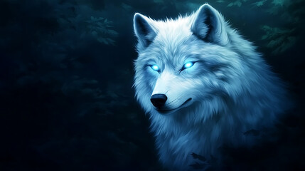 Obraz premium Enigmatic White Wolf with Glowing Blue Eyes Amidst a Mysterious Forest at Nighttime Depicting Mysticism.