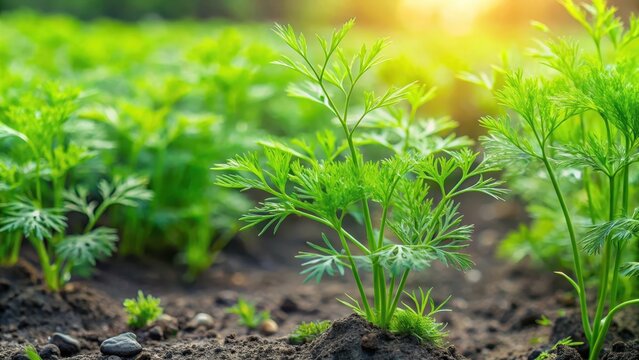 cumin seedlings in a field, green foliage, growing cumin plants