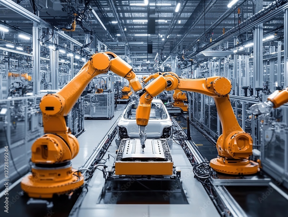 Poster automated robotic assembly line: precision manufacturing of vehicles with advanced technology in mod