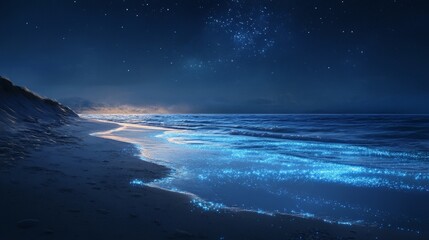 Fototapeta premium Bioluminescent waves on a starry night beach with shimmering sea and rocky shoreline