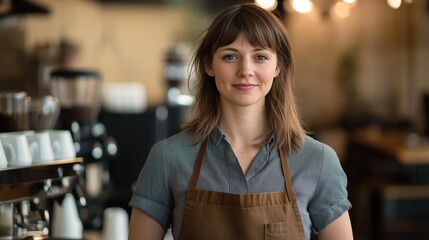 Confident Female Barista Standing in a Stylish Modern Coffee Shop Environment