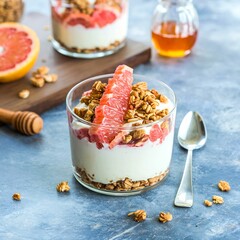 Grapefruit granola and yogurt parfait with honey