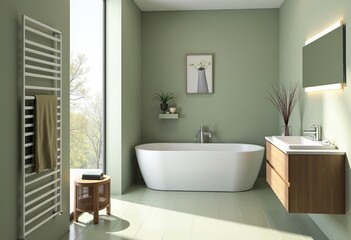 Fototapeta premium Elegant Bathroom Materials Moodboard: Featuring a Green Camaieu, Rust Slate, Carrelage Tiles, and Light Wood Petal-Shaped Flooring for a Natural and Designer Bathroom Look