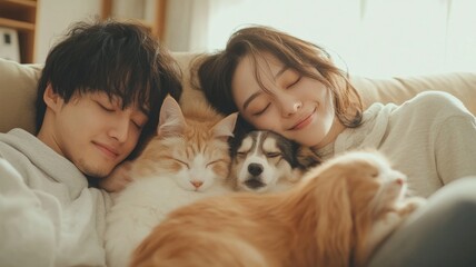 Fototapeta na wymiar Family enjoys cozy snuggles on the couch with their pets in a warm living room during a leisurely afternoon